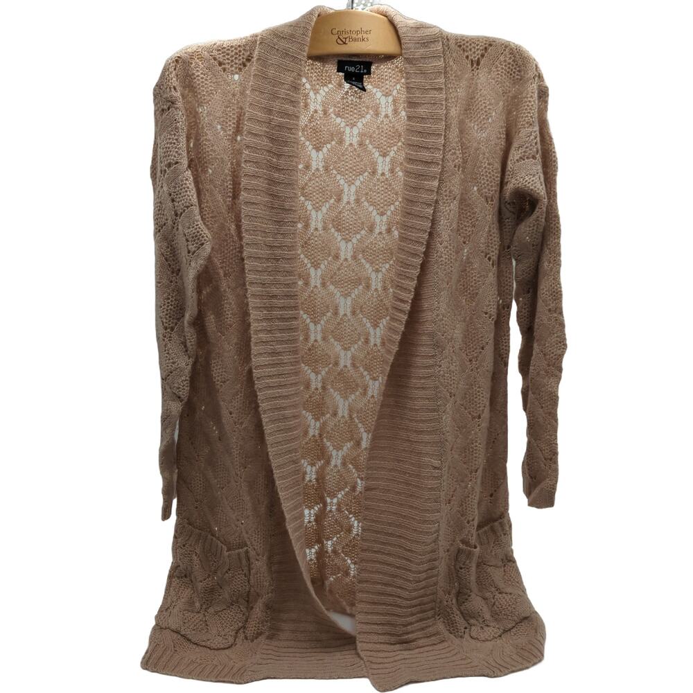 rue21 S Tan Open-Knit Long Cardigan with Pockets